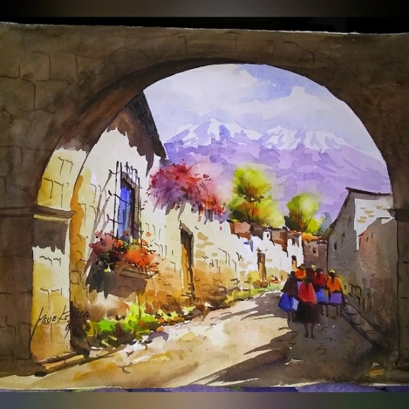 Watercolor Other - Andes Vintage Watercolor Peruvian Village Theme Unframed 10x13" Vibrant Colors